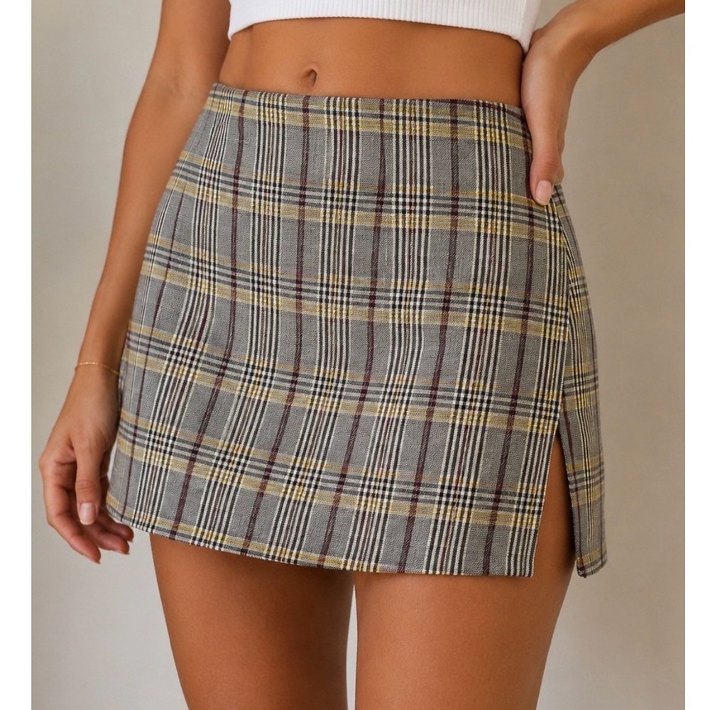 Y2K Angel Kiss Plaid Mini Skirt Women Large Grey /Yellow Front Slit Preppy 90s